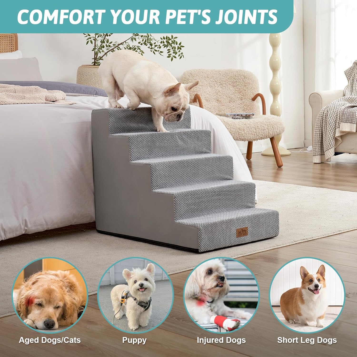 Dog Stairs for Small Dogs, 5 Tier Wider Pet Stairs for High Beds, 23.6" H Non-Slip Dog Steps for Old Cats, Puppies, Small Medium Dogs, 29.5x19.7x23.6 inch, Grey - Pet Explorer