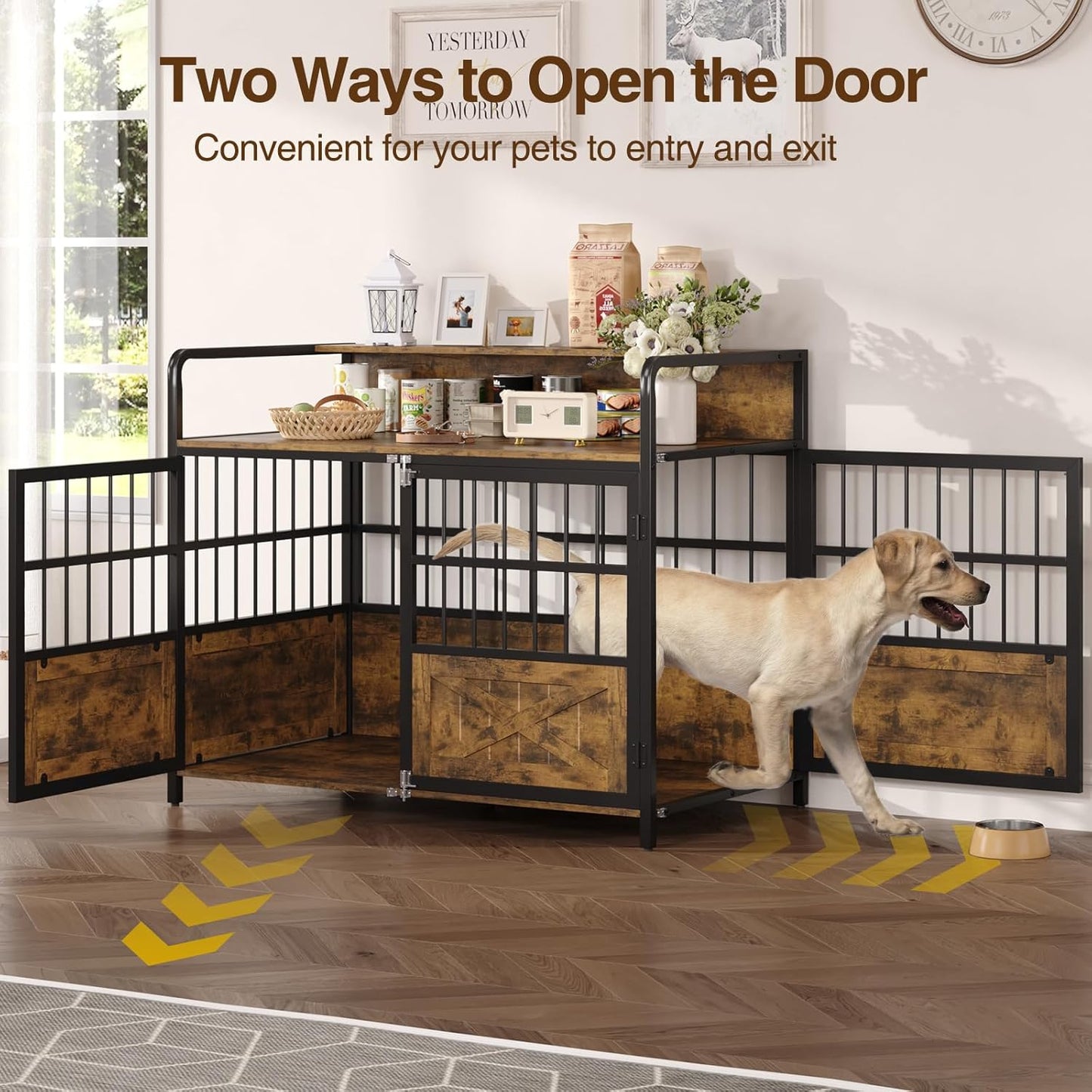 45.3" Dog Crate Furniture for Large Breed, Heavy Duty XL Dog Kennel Indoor with Storage Shelf, Farmhouse Wooden Pet Crate, Chew-Resistant, Brown (45.3" W x 23" D x 39.4" H)