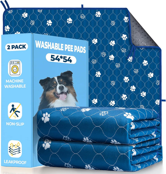 Fostanfly Washable Pee Pads for Dogs, 2 Pack Large 54"x54" Ultra-Absorbent and Leak-Proof Non-Slip Reusable Potty Training Pads for Dogs, Puppy & Cats of Add 8 Lanyards-Blue - Pet Explorer