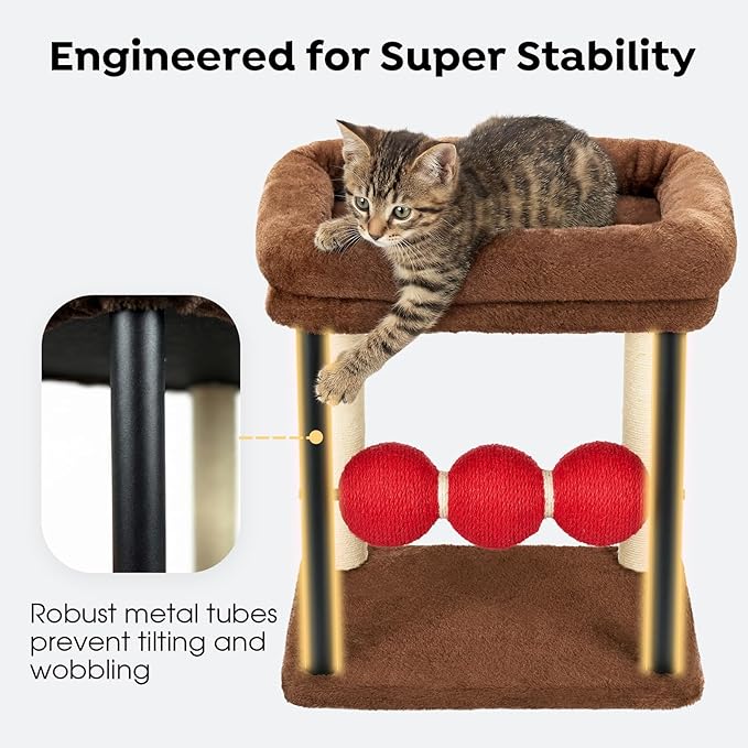 Veehoo Small Cat Tree, Cat Scratching Post with 17"x13" Wide Top Bed, 20.5" Sturdy Cats Tower with Natural Sisal Scratch Posts & Rotatable Balls for Small Spaces, Kittens