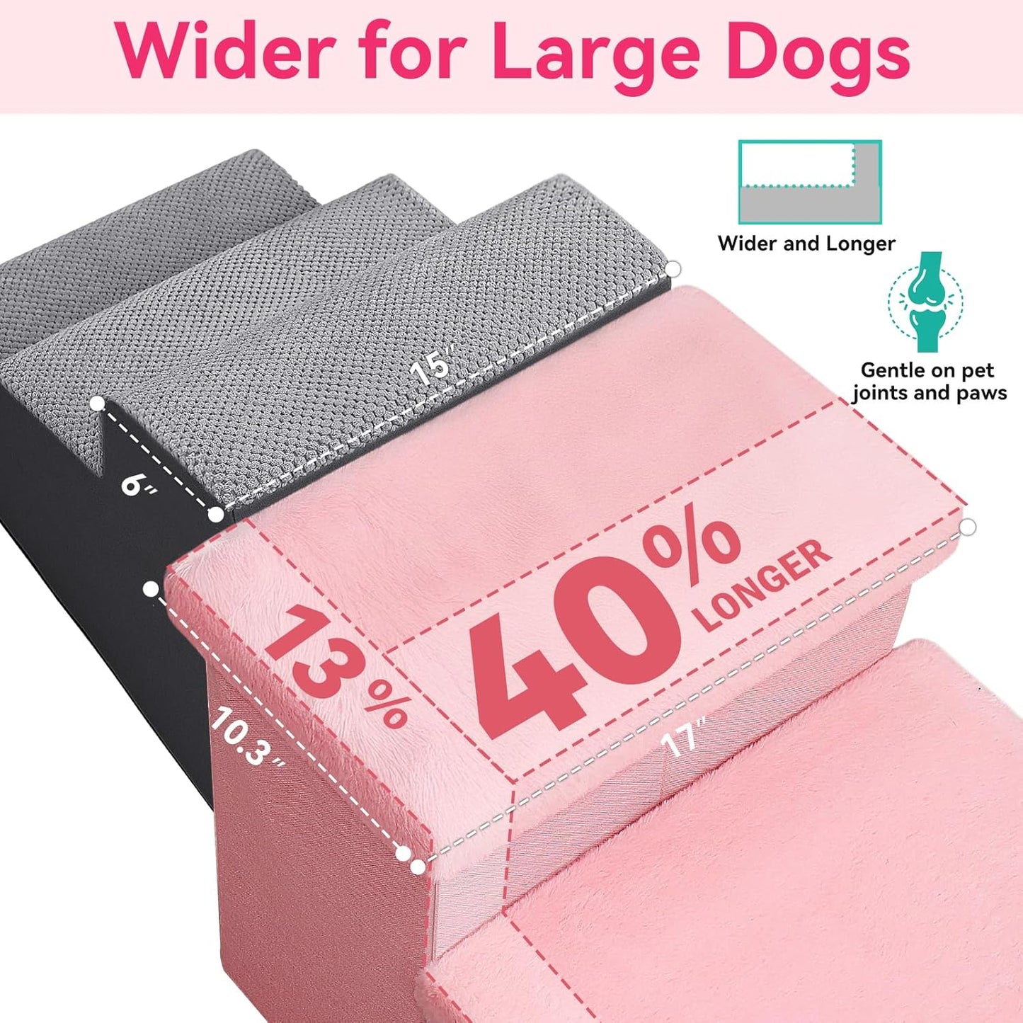 Dog Stairs with Furry Lids 18" H, 3-Step Wider Dog Steps with Storage for Small/Medium/Large Dogs Cats, Folding Sturdy Pet Stairs Climbing Bed or Sofa, Ramp for Car Hold Up to 200 lbs, Pink - Pet Explorer