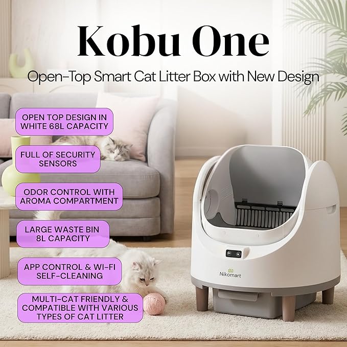 Open-Top Automatic Litter Box, New White Design with App Control & Fragrance Dispenser for a Fresh Home - 68L Self Cleaning Cat Litter Box for Multiple Cats