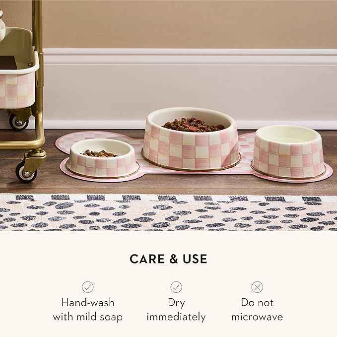 MACKENZIE-CHILDS Enamel Pet Bowl, Cute Cat and Dog Bowl for Food and Water, Small, Pink-and-White Rosy Check