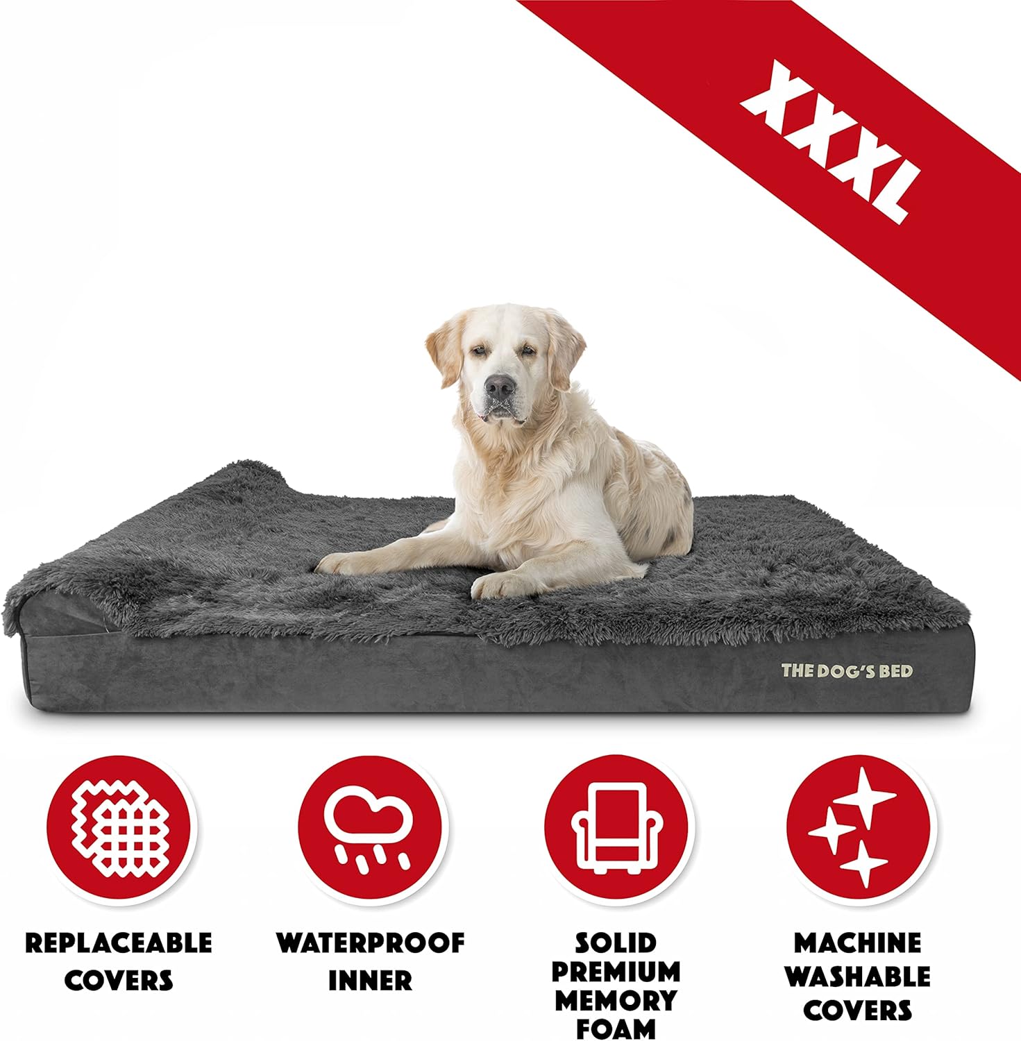 The Dog’s Bed Orthopedic Headrest Dog Bed XXXL Fur Grey 64x44, Memory Foam, Pain Relief for Arthritis, Hip & Elbow Dysplasia, Post Surgery, Lameness, Supportive, Waterproof Washable Cover - Pet Explorer