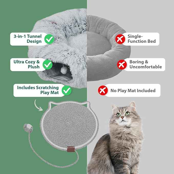 Cat Tunnel Donut Bed & Cat Scratch Pad, Interactive Cat Tunnels for Indoor Cats, Fits Multiple Cats Up to 15 lbs, Cozy and Durable Cat Hideaway Toy for Kittens, Puppies, Rabbits (Grey)