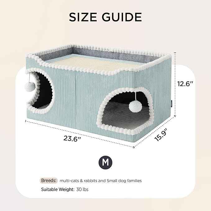 Bedsure Large Cat Beds for Indoor Cats - Extra Wide Cat House with Scratch Removable Top Sisal Pad for Multi Cats, Foldable Cave Hideaway for Entertainment, 23.6x15.9x12.6inches, Blue