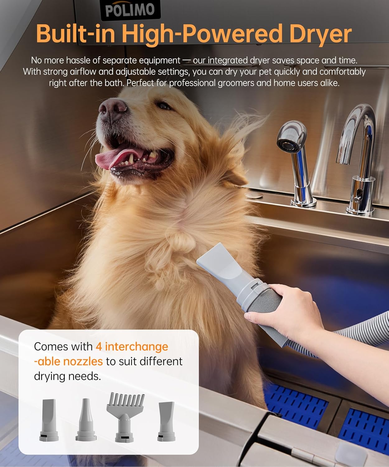 polimo Dog Washing Station with Dryer & LED, Professional Stainless Steel Grooming Tub, Dog Bathtub for Large, Medium & Small Dog, w/Window, Ramp, Drawer, Floor Grate &Fauct （Right RAMP & Dryer, 50"） - Pet Explorer
