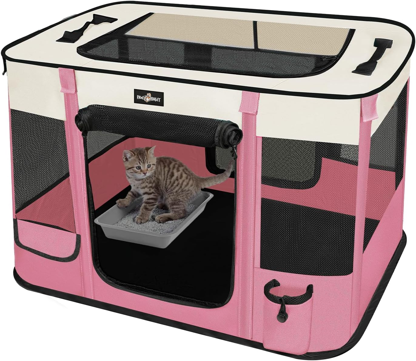 Foldable Pet Kitten Playpen, Upgrade Waterproof Portable Cat Dog Playpen Kennel Tent for Dog Cat, Removable Shade Cover with Free Carrying Case, Indoor Outdoor Use for Small Pet, Pink - Pet Explorer