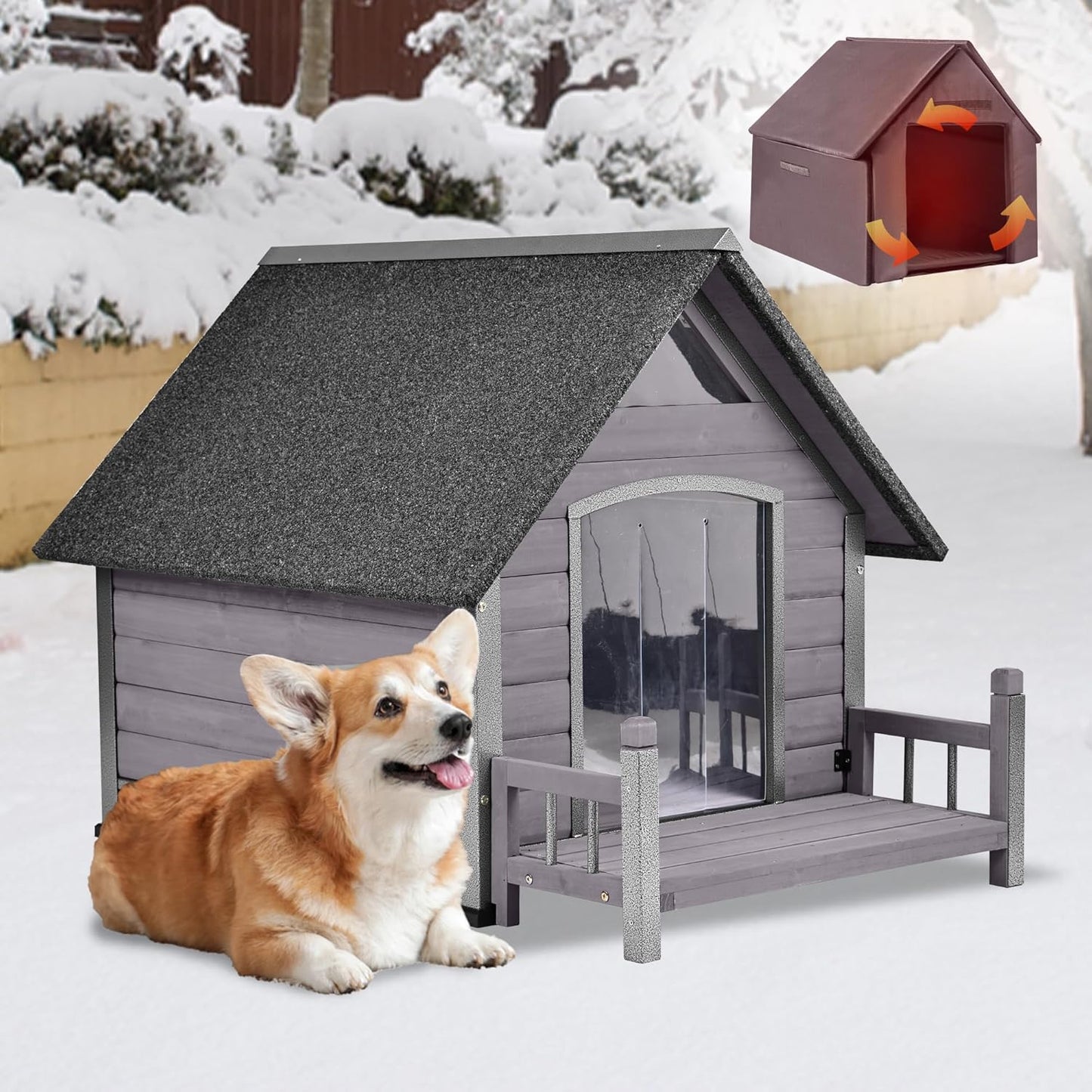 GUTINNEEN Insulated Dog House Outdoor, Waterproof Dog Kennel with Anti-Bite Design, Asphalt Roof, Elevated Base, PVC Curtain, for Small to Medium Dogs - Grey - Pet Explorer