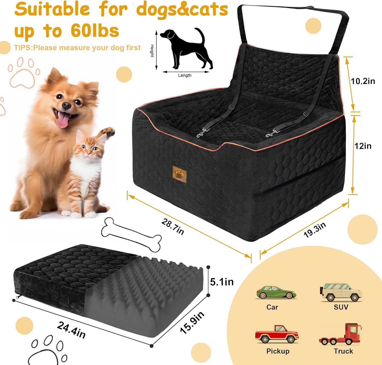 Dog Car Seat for Medium/Large Dogs, Washable Dog Booster Seat Under 60 lbs or 2 Small Dogs, Multi-Functional Pet Car Seat with Thick Cushion, 2 Safety Leashes (Black) - Pet Explorer