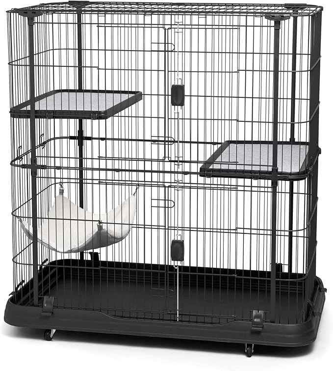 Prevue Pet Products Deluxe Cat Home - Cat Cage Home with 3 Levels, Spacious Indoor Pen, Includes Hammock, Durable & Easy to Clean Kennel, with Rolling Wheel Casters - Black