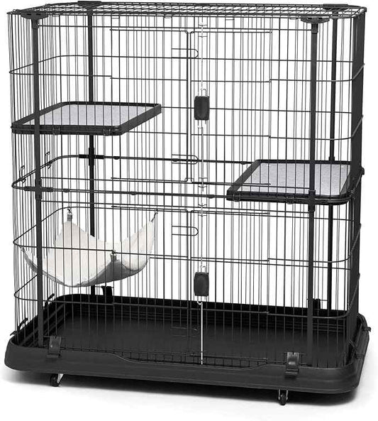 Prevue Pet Products Deluxe Cat Home - Cat Cage Home with 3 Levels, Spacious Indoor Pen, Includes Hammock, Durable & Easy to Clean Kennel, with Rolling Wheel Casters - Black