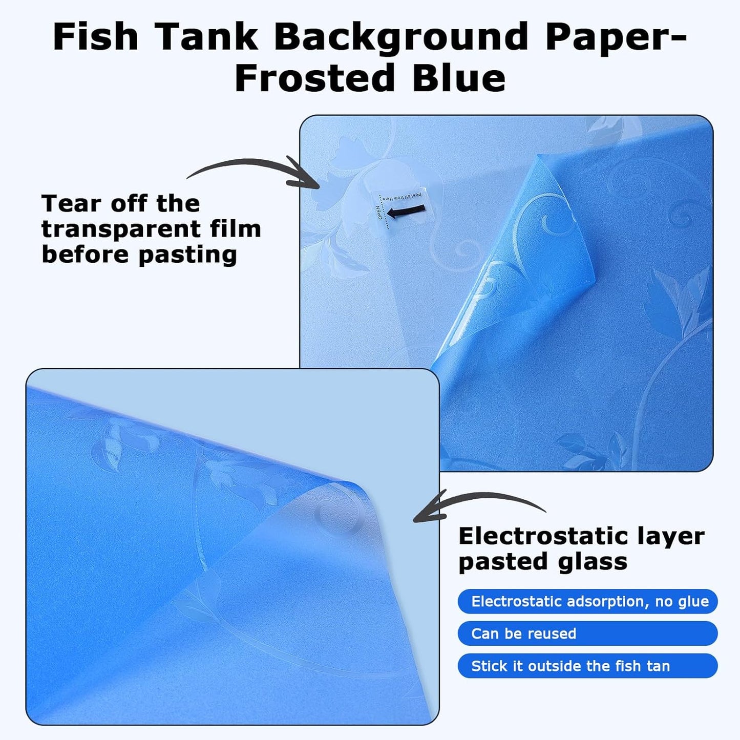 Aquarium Background Paper, Blue Fish Tank Backdrop Wallpaper Electrostatic Adhesive, No Glue, Easy to Install, Reusable (17.7" H × 47.2" L, Translucent) - Pet Explorer