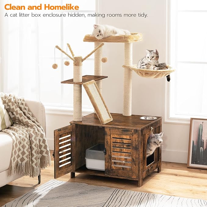 HOOBRO Cat Tree with Litter Box Enclosure, 44" Tall Wooden Cat Tower with Scratching Posts, Cat Hammock, Hidden Litter Box Furniture, All-in-One Indoor Cat Condo, Rustic Brown FG48MZ03