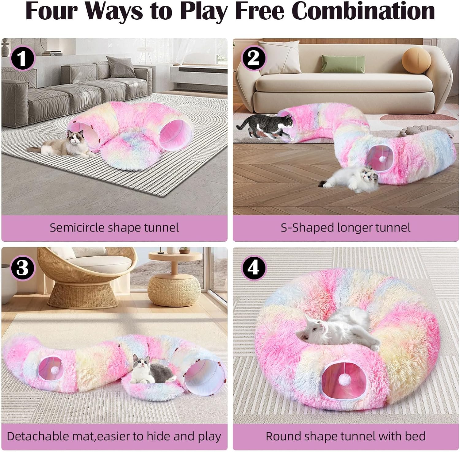 Odoland Cat Tunnels Bed with 20 Cat Toys for Indoor Cats, Plush Cat Couch Tunnel Bed for Kitten, Cat Cave Donut Tunnel - Detachable Soft Cat Bed and Variety Kitty Toy Set, Pink - Pet Explorer