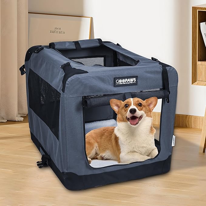 JESPET 27'' Soft Dog Crates Kennel for Pets, 3 Door Soft Sided Folding Travel Pet Carrier with Straps and Fleece Mat for Dogs, Cats, Rabbits, Grey Blue & Beige (27" L x 20" W x 20" H, Grey)