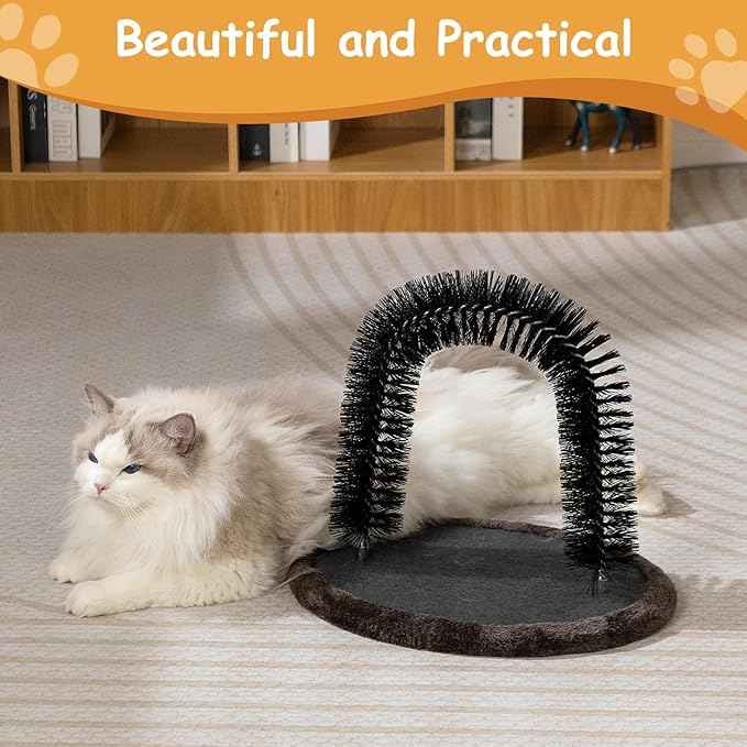 Hollypet Self Grooming Massager and Scratcher Toy - Cat Arch Brush for Back Grooming, Hair Cleaner Pads, Dark Brown