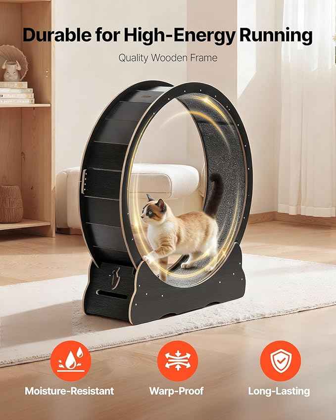 VEVOR Cat Exercise Wheel, 48 in Wooden Cat Running Wheel for Indoor Cats up to 28 lbs, Cats Treadmill with Carpeted Runway & Locking Mechanism, Quiet Kitten Sport Toys for Pets Fitness & Health, Black