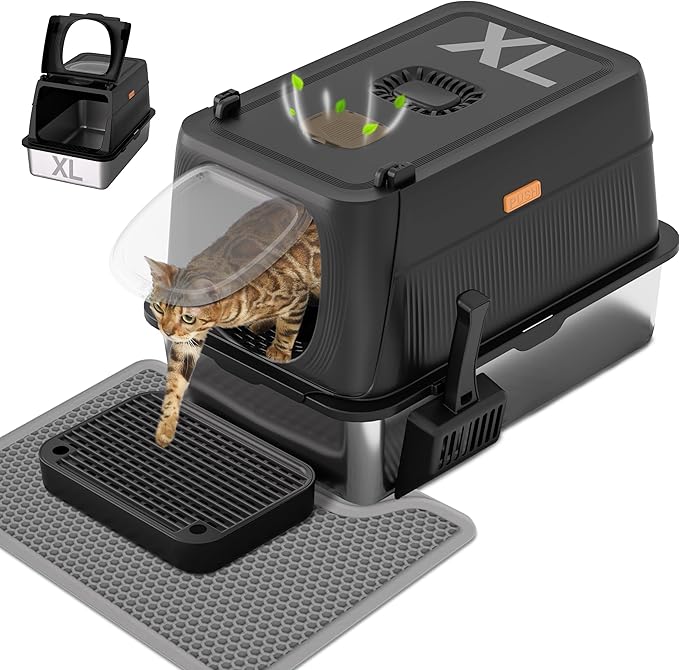 Citylife Stainless Steel Cat Litter Box with Lid, XL Extra Large Enclosed Removable Metal Litter Box with Litter Scoop&Double Layer Litter Mat, Non-Sticky, Non-Odor, Easy Cleaning, for Big Cats, Black