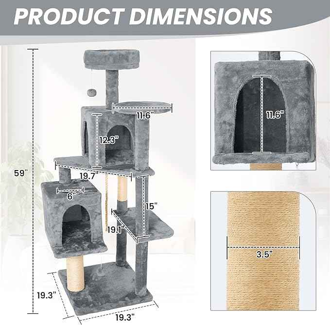58in Large Cat Tree Tower for Indoor Cats with Soft Plush Hang Ball, Two Condos, Sisal Scratch Posts & Rope Play for Kittens/Adult Cats, Grey