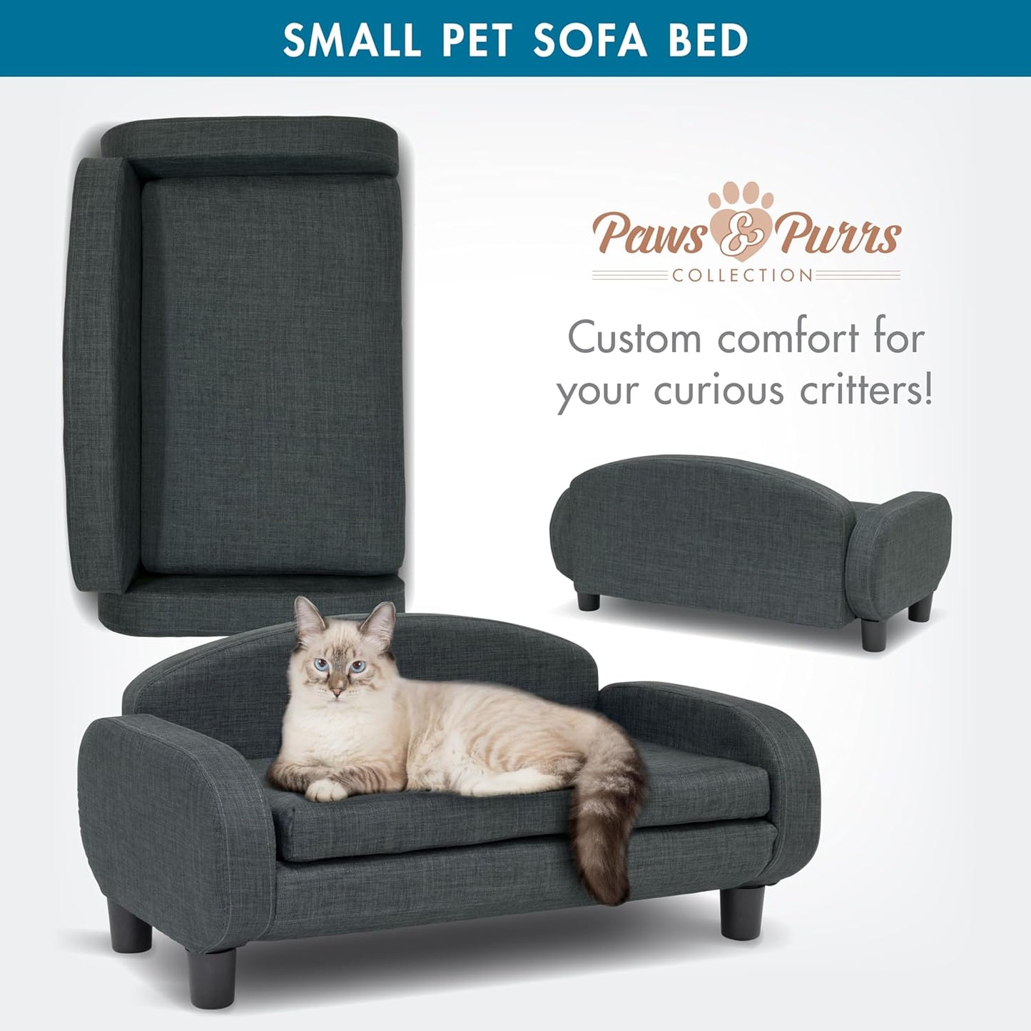 Paws & Purrs Cat Sofa Bed, Pet Couch for Indoor Cats Elevated Cat Beds with Removable Washable Mattress Cover for Kitten, Puppy or Small Animal- 31.5" Wide, Gray - Pet Explorer