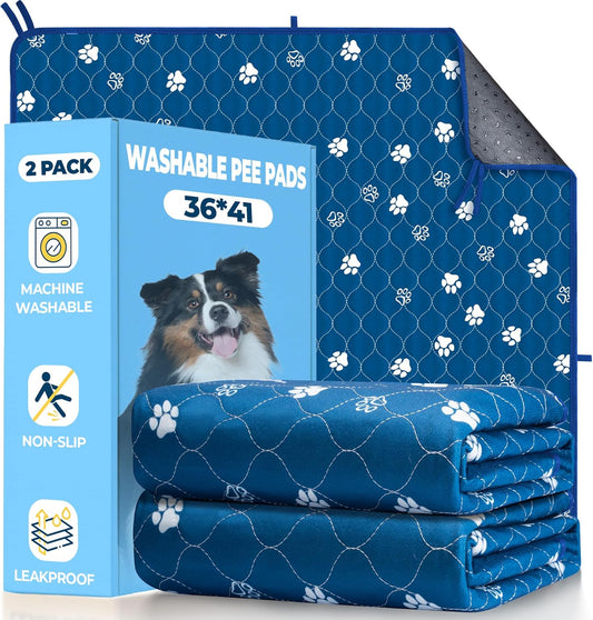 Fostanfly Washable Pee Pads for Dogs, 2 Pack Large 36"x41" Ultra-Absorbent and Leak-Proof Non-Slip Reusable Potty Training Pads for Dogs, Puppy & Cats of Add 8 Lanyards-Blue - Pet Explorer