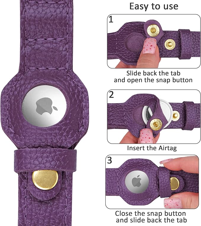 Leather Airtag Dog Collar - Soft Tracking Dog Collar with Apple AirTag Holder and Metal Buckle - Safety GPS Pet Collars for Small Medium Large Dogs Puppy Pink Red (Purple, XS, 9"-12" Neck Fit)
