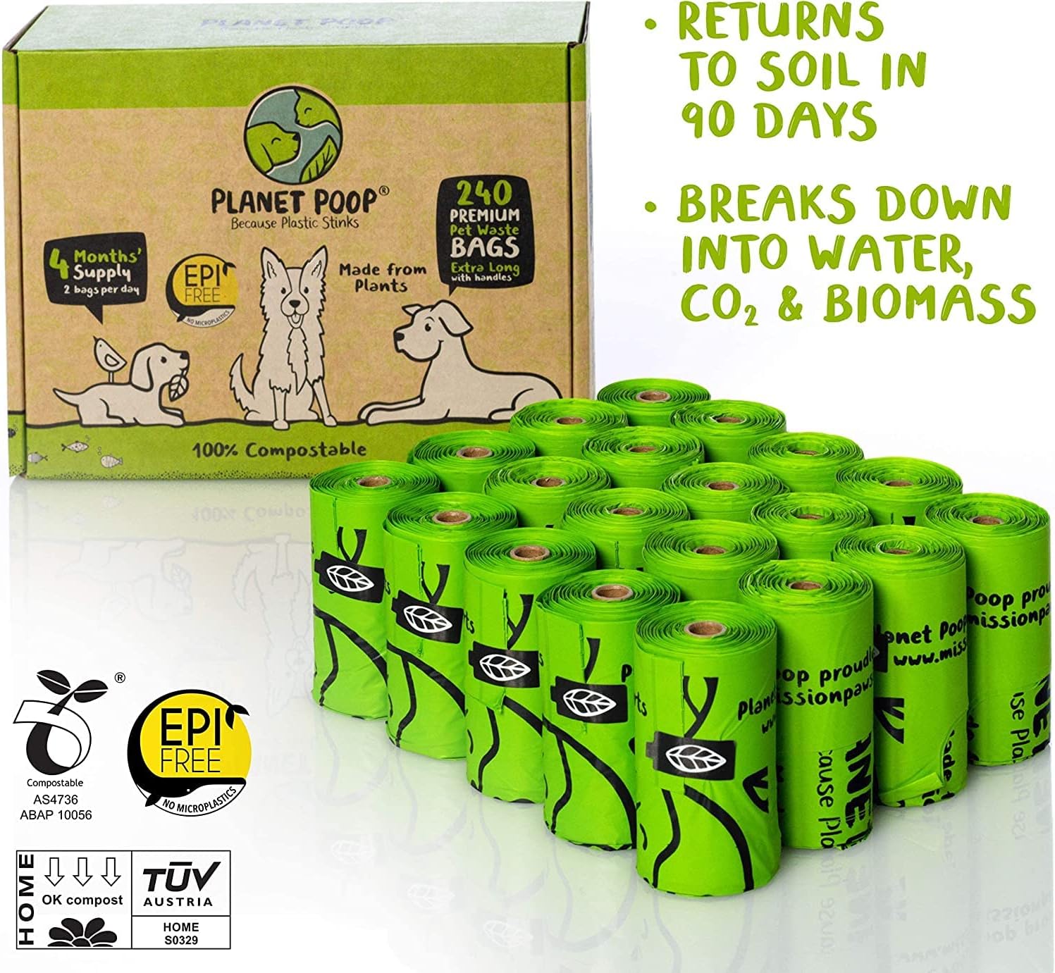 PLANET POOP Home Compostable Dog Poop Bags Extra-long with Handles 240 Un-Scented Pet Waste Bags Plastic Free, Thick Leakproof Plant-Based Doggy Bag, Cats & Dogs Pet Supplies - Pet Explorer