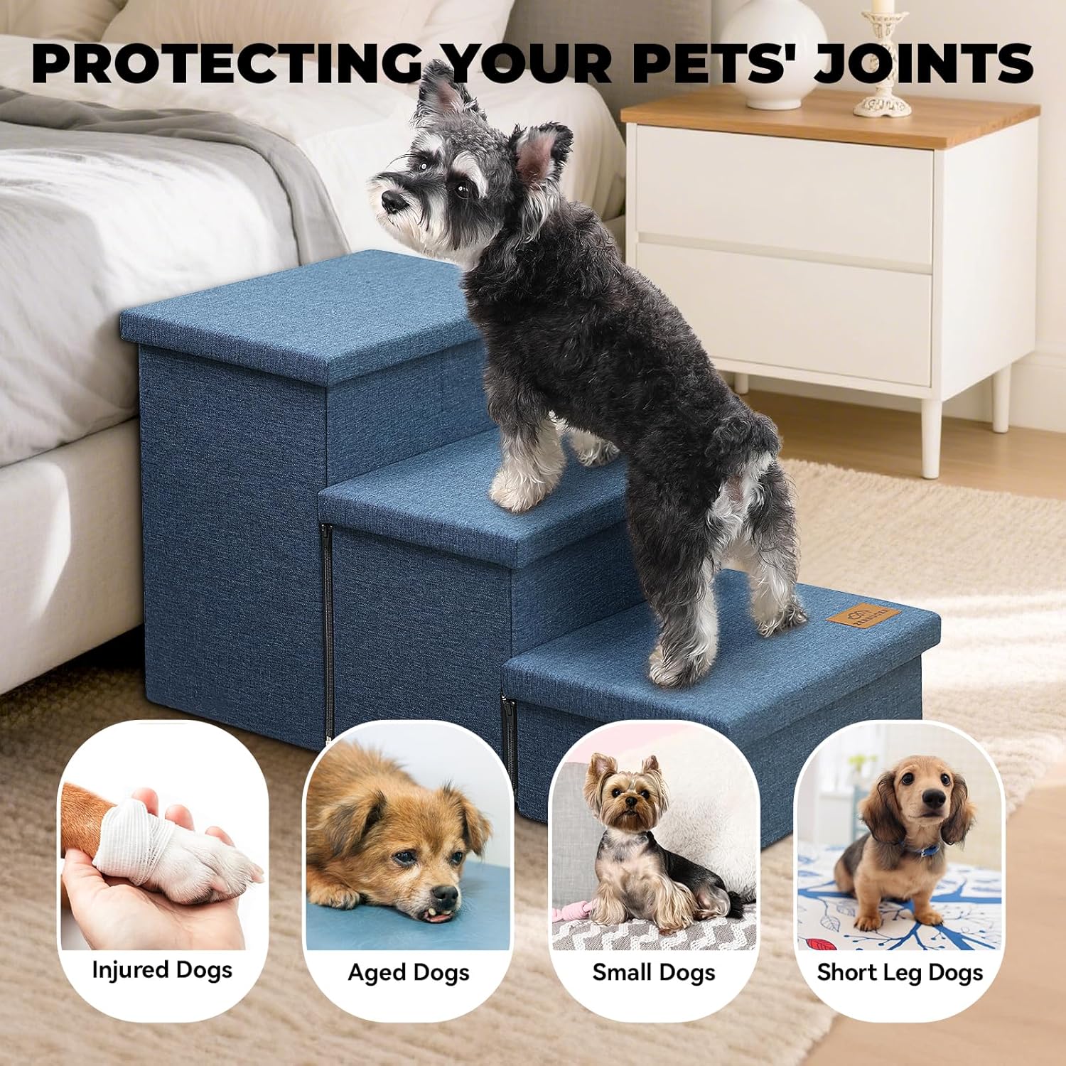 Dog Stairs with Storage 18" H, 3-Step Wider Dog Steps for Small/Medium/Large Dogs Cats, Folding Sturdy Pet Stairs Climbing Bed or Sofa, Ramp for Car Hold Up to 200 lbs (Navy Blue, No Condo) - Pet Explorer