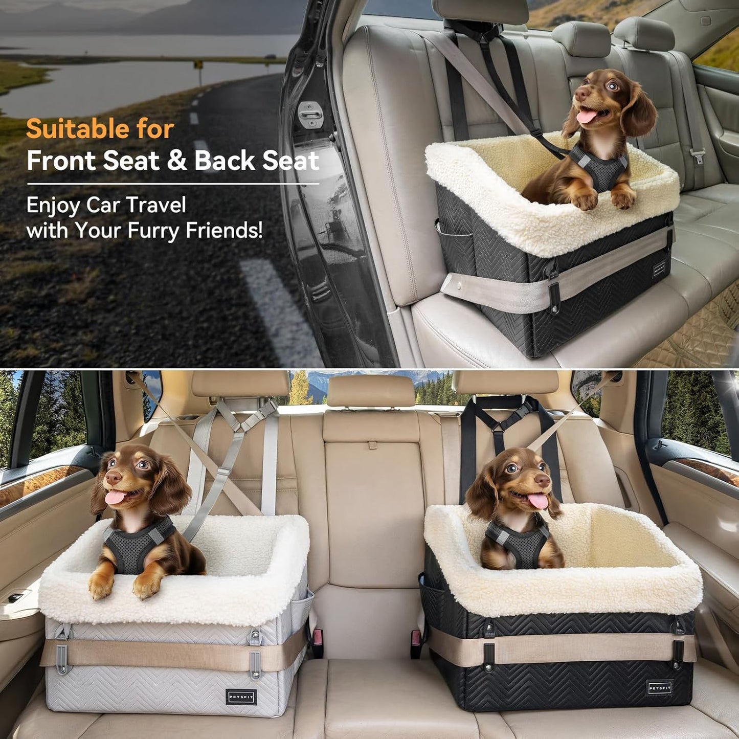 PETSFIT Small Dog Car Seat, Waterproof PU Leather Dog Booster Car Seat with Patented Safe Buckles, Detachable Dogs Seat Belt for Car, Dog Car Seat Medium Sized Dog up to 30 lbs (Black) - Pet Explorer