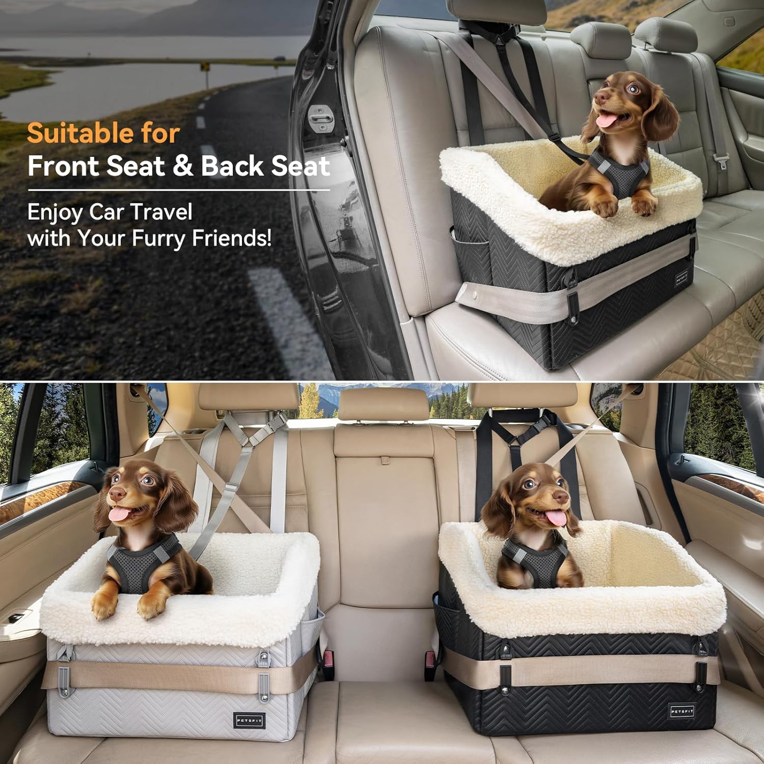 PETSFIT Small Dog Car Seat, Waterproof PU Leather Dog Booster Car Seat with Patented Safe Buckles, Detachable Dogs Seat Belt for Car, Dog Car Seat Medium Sized Dog up to 30 lbs (Black) - Pet Explorer