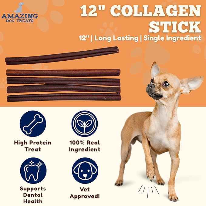 Amazing Dog Treats 12 Inch Collagen Stick - (20 Count)- Collagen Sticks for Dogs - No Hide Dog Bones