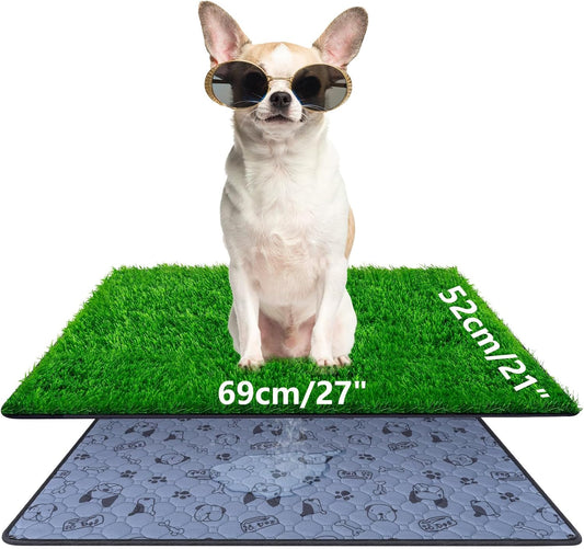 Pee Pads for Dogs with Fake Grass, 27" x 21" Indoor Artificial Grass for Dogs Potty, Lawn Pee Pads for Doggie Washable, Reusable and Lawn for Replacement, Puppy Training Litter Box for Outdoor Patio - Pet Explorer