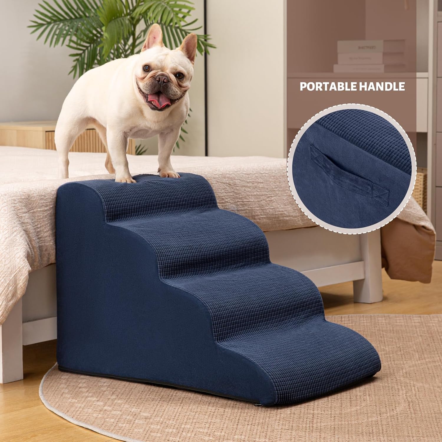 4-Step Dog Stairs and Ramp for Beds or Couches,Non-Slip Sturdy Pet Steps for Small Dogs and Cats,17.4" H,Blue - Pet Explorer