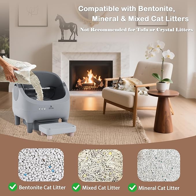 Automatic Litter Box with Raised Step, Open Top Large Capacity Self Cleaning Litter Box for Multiple Cats, Smart App Control, Odor-Free & Health Monitoring & Quiet Operation