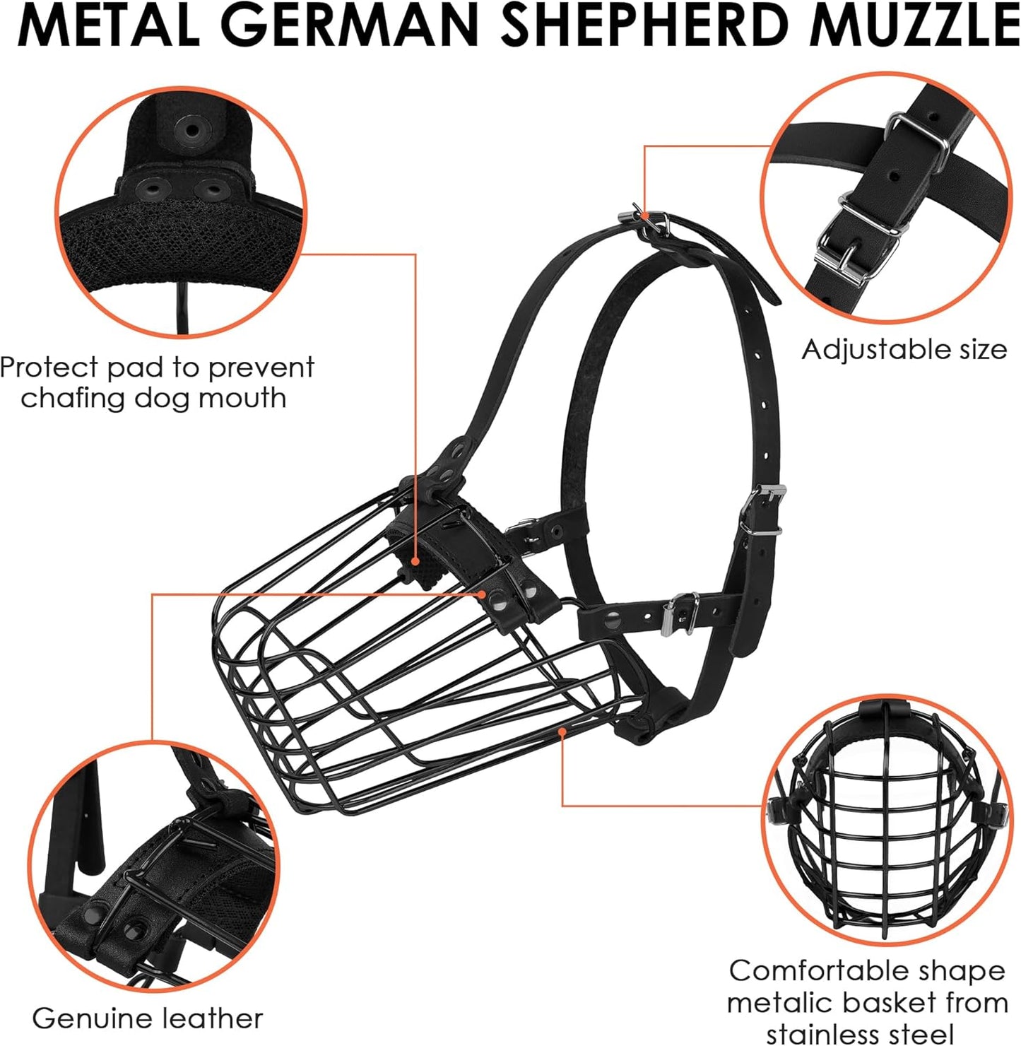 German Shepherd Dog Muzzle Metal Basket for Medium Large Dogs Adjustable Durable Leather Straps Secure Wire Mask for Biting Chewing Barking (Black, M - Size) - Pet Explorer