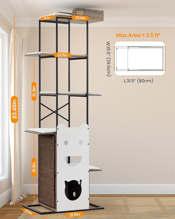 Modern Wood Cat Tree Tower, 84 Inch Extra Tall Cat Condo Trees for Indoor Cats Large Adult, XL Multi-Level Heavy Duty Wooden Sturdy Cat House Furniture with Platform Perch Bed Scratching Post Board