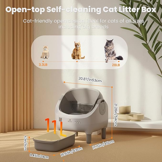 Automatic Litter Box with Raised Step, Open Top Large Capacity Self Cleaning Litter Box for Multiple Cats, Smart App Control, Odor-Free & Health Monitoring & Quiet Operation
