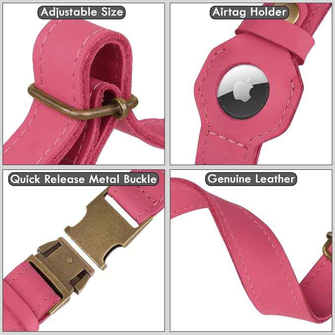 AirTag Dog Collar - Genuine Leather Dog Collar with Apple AirTag Holder and Metal Buckle - Smart GPS Tracking Pet Collars (Pink, XS, 9"-12" Neck Fit)