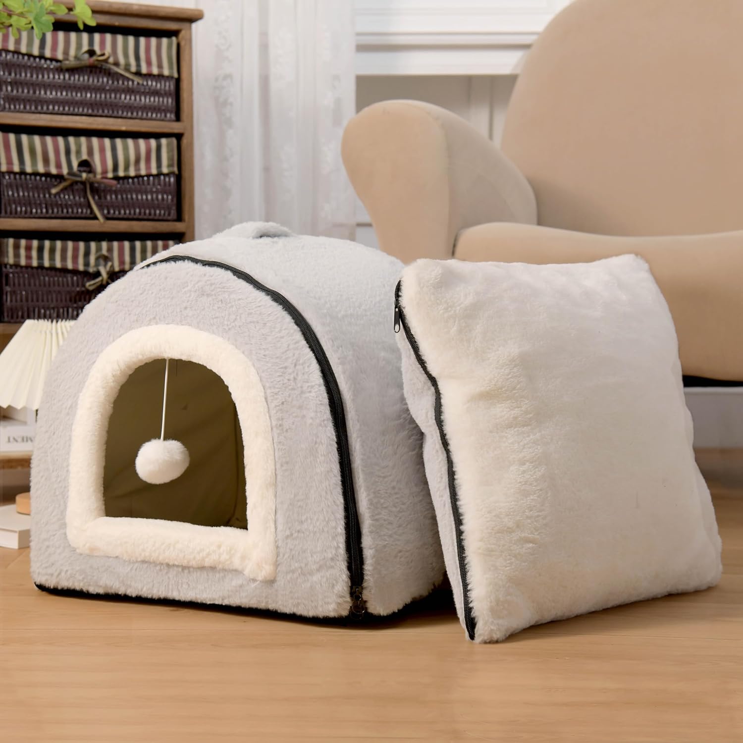 Cat Bed for Indoor Cats，Foldable cat cave，Anti-Slip & Water-Resistant Bottom，cat Houses for Indoor Cats or Small Dogs, Kitten Tent, Rabbit Bed，2 in 1 pet Bed (Grey) - Pet Explorer