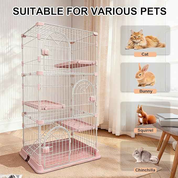 Cat Cage 3-Tier Indoor Cat Enclosure with Widen Bottom Buckle & Reinforced Locking Clamps DlY Cat Playpen for 2-3 Cats & Small Pets,33" Lx 24" W X 64" H (Pink, Three-Tier64)