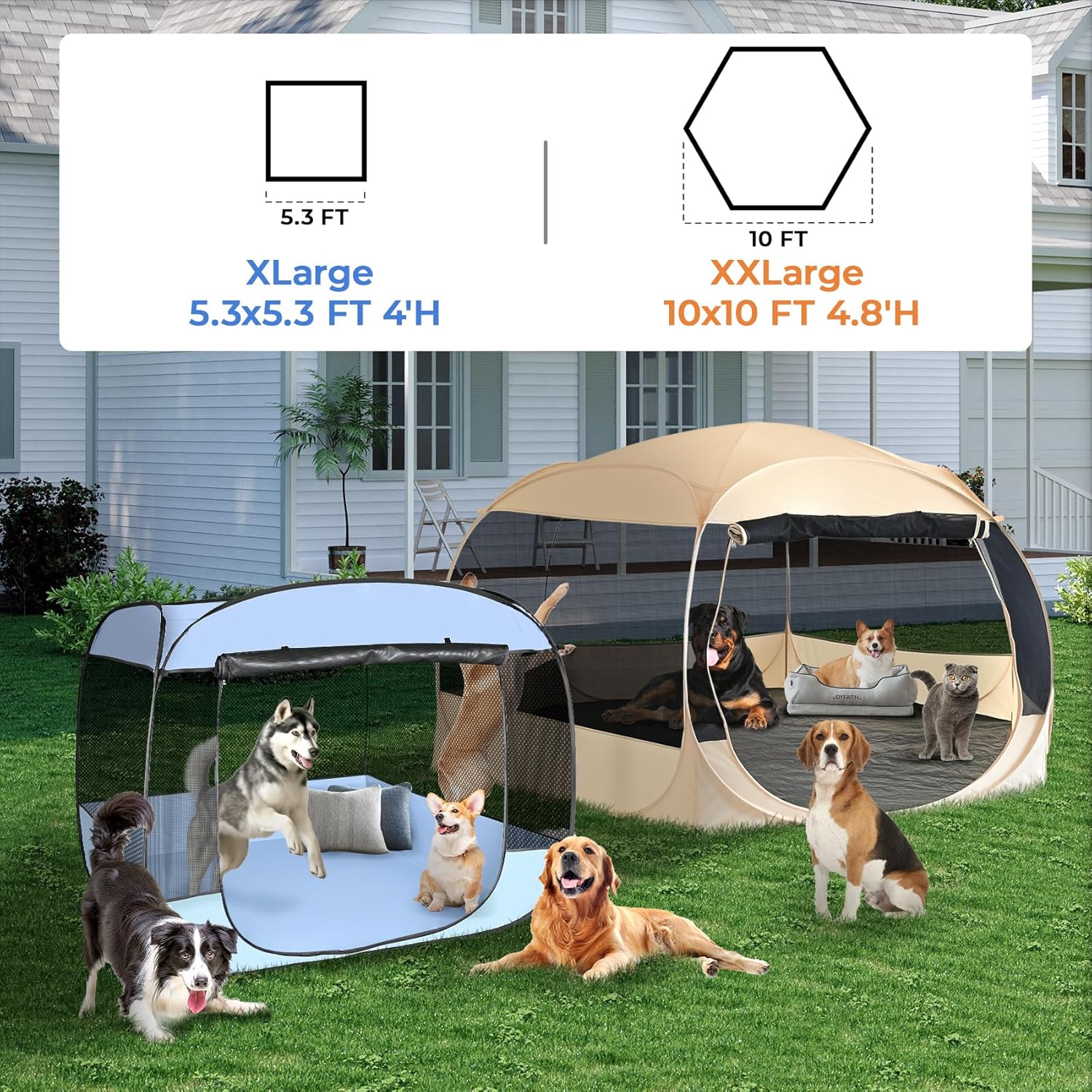 EighteenTek XXLarge Popup Portable Dog Houses, 10'x4.8'H Assembly-Free Gazebo-Style Dog Cot Cat Playpen Screen Pet Tent Sun Shade Shelter Dog Bed with Canopy for Outdoor Anti-Bugs with Leakproof Floor - Pet Explorer