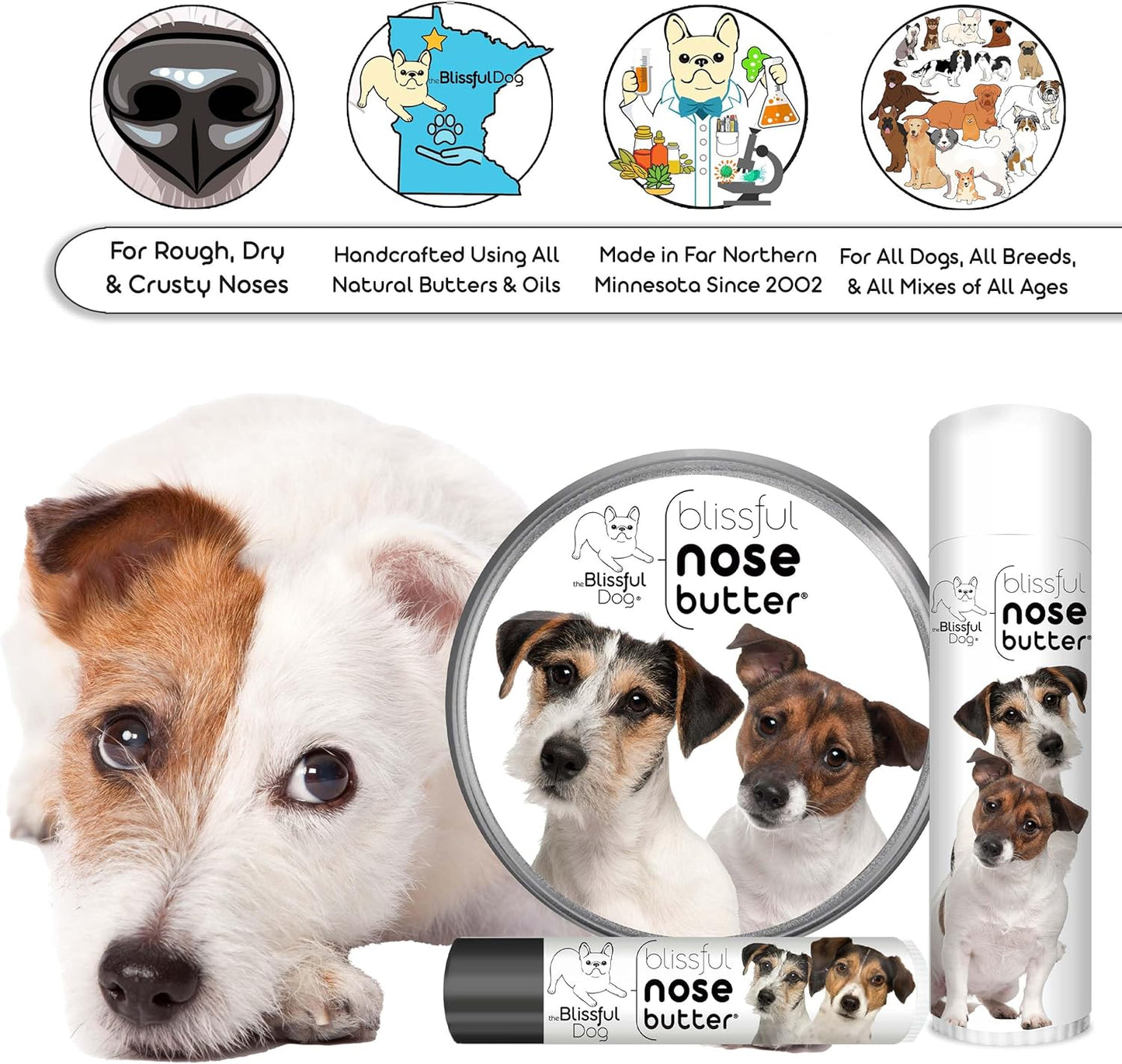 The Blissful Dog Jack Russell Terrier Nose Butter for Dry, Cracked Skin, Lick-Safe Dog Nose Balm with Moisturizing Shea Butter, Almond, Olive, and Essential Oils, Pet Supplies, Uncented, 0.15 oz. - Pet Explorer