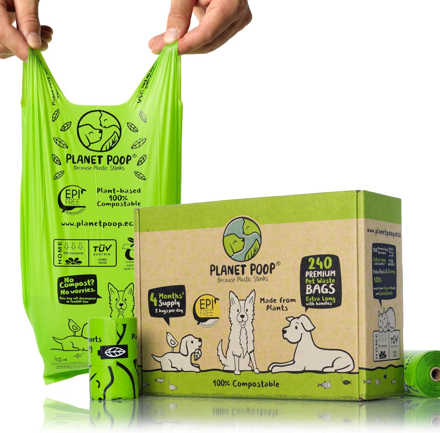 PLANET POOP Home Compostable Dog Poop Bags Extra-long with Handles 240 Un-Scented Pet Waste Bags Plastic Free, Thick Leakproof Plant-Based Doggy Bag, Cats & Dogs Pet Supplies - Pet Explorer
