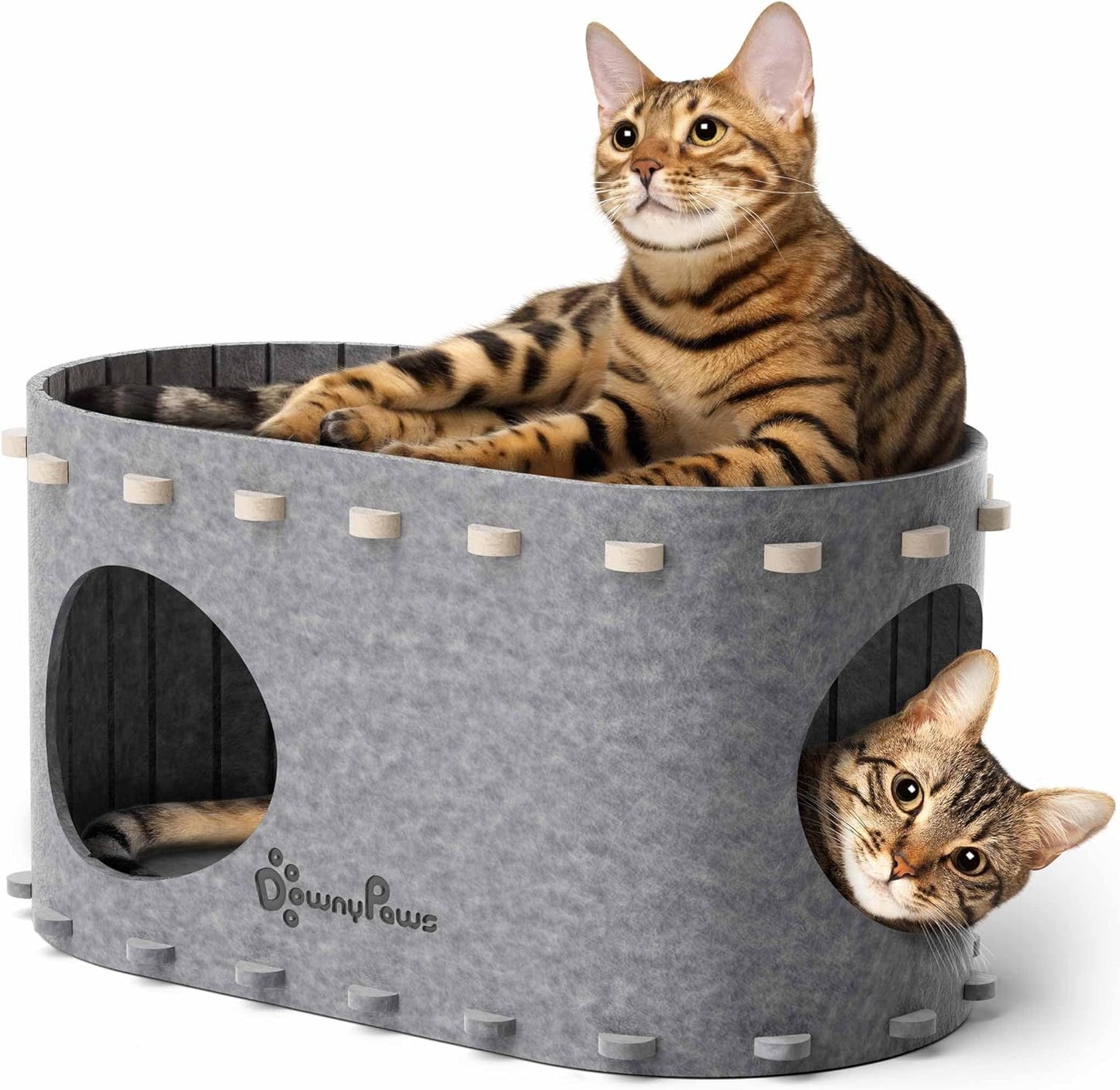 DownyPaws Cat House for Indoor Cats, Cat Bed Cave for Multiple & Large Cats Up to 22 Lbs, Scratch Resistant, Foldable Peekaboo Kitten Caves Tunnel Enclosed Bed, PeekaPurr, Light Gray - Pet Explorer