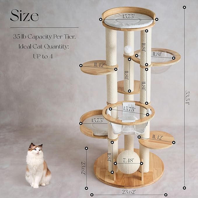 797Audio Modern Solid Wood Cat Tree Tower, 54" Tall Cat Tree with Scratching Posts, Capsule&Hammock, Luxury Natural Oak Wood Cat Tower, Aesthetic Multi-Level Cat Climbing Tree for Large Indoor Cats