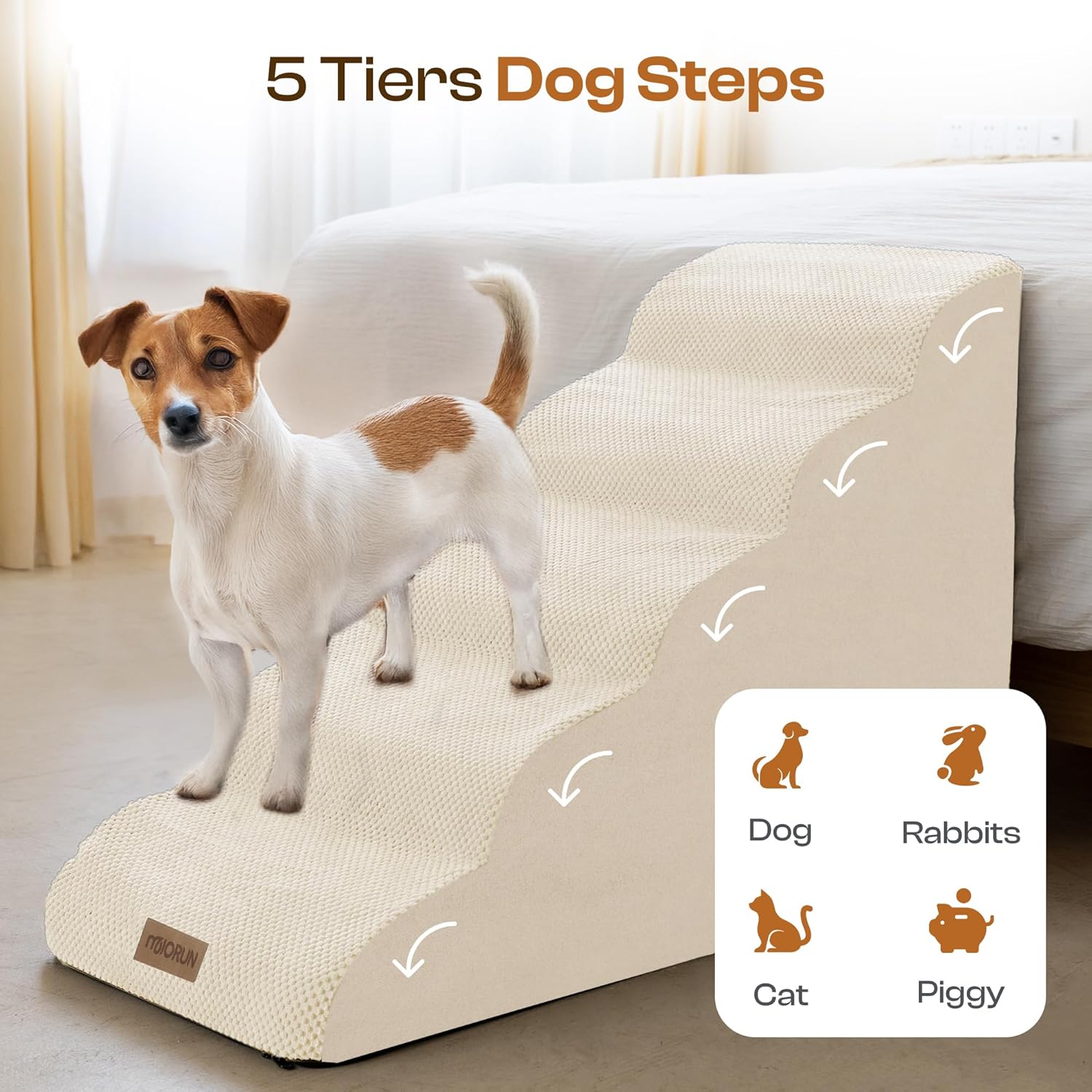 Dog Stairs for High Beds, Extra Tall 24.5" 5-Step Pet Steps for Medium & Small Dogs, Foam Ramp for Tall Couch & Bed, Washable Cover - Dog Steps for Bed - Pet Explorer
