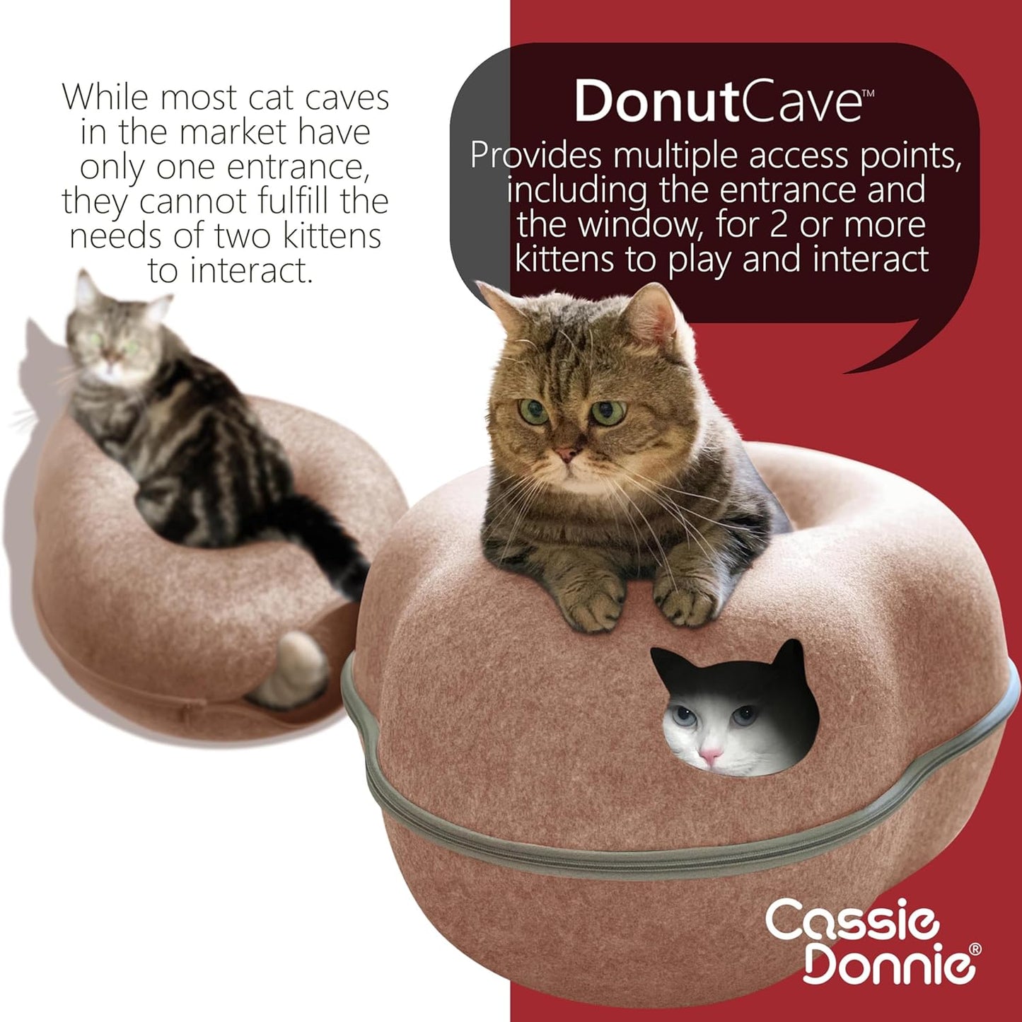 Cat Tunnel Bed for Indoor Cats, Medium Large, Donut Cave House up to 22 Lbs, Spacious for 2 Kittens (Brown) - Pet Explorer