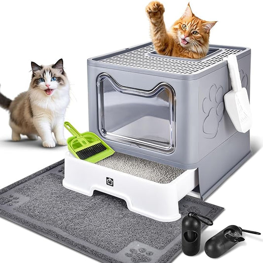 Enclosed Cat Litter Box with Lid Foldable Potty,Drawer Type Extra Large Cover Litter Box with Mat, Kitty Free in and Out/One-Way,Odor Control Anti-Splashing Easy Cleaning (Medium Grey)