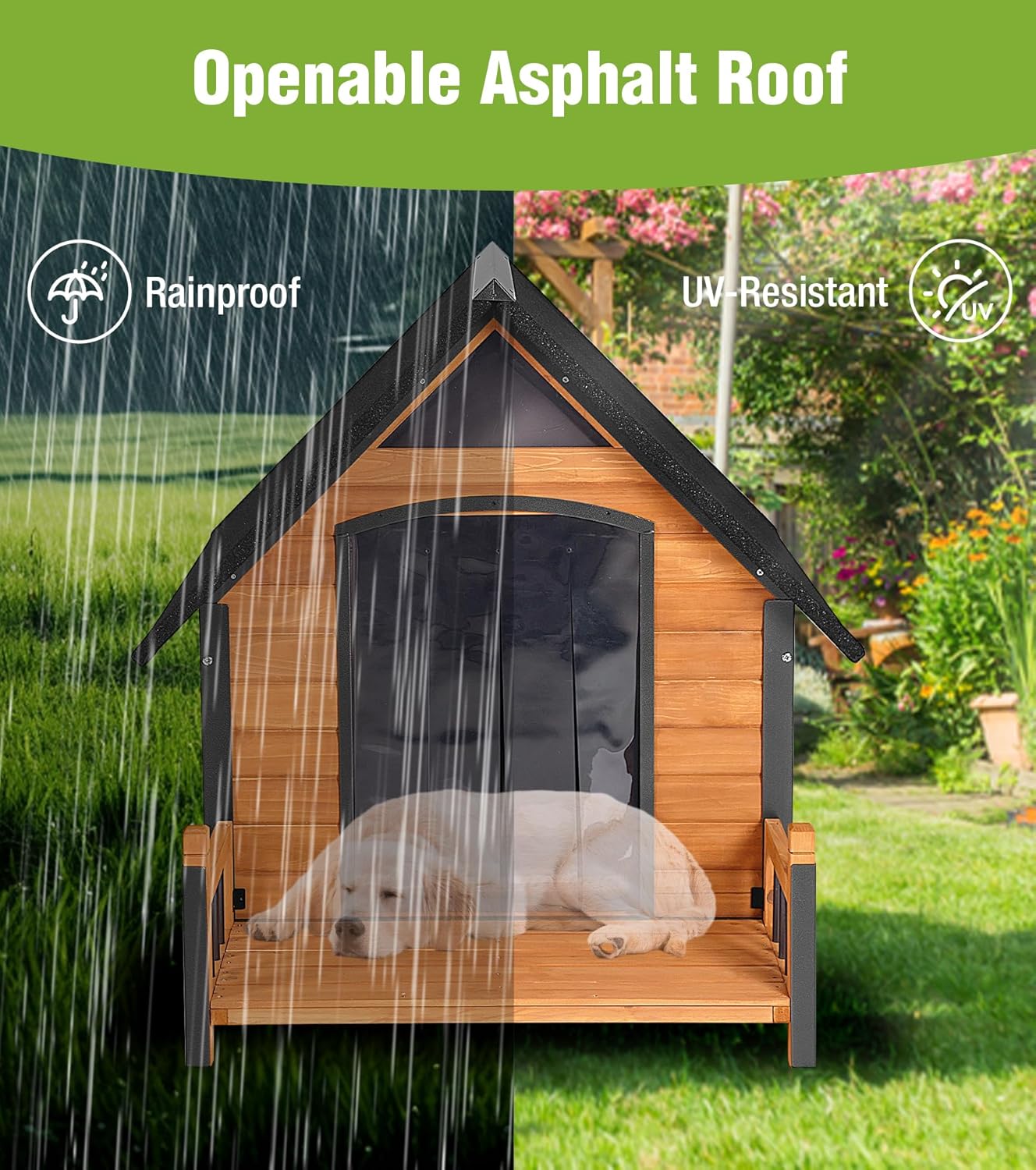 Large Dog House Outdoor Weatherproof with Porch, All-Metal Frame Chew-Proof Dog Kennel with Asphalt Roof, for Small Medium Large Dogs - Pet Explorer